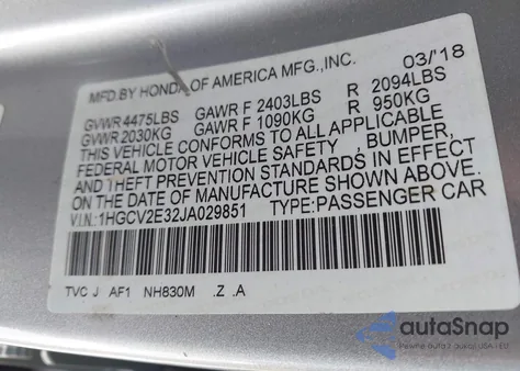 2018 Honda Accord Sport 2.0T from USA, damaged, VIN 1HGCV2E32JA029851